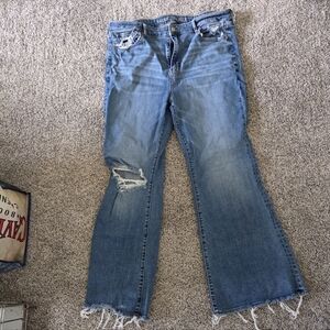 American Eagle Outfitters Medium Blue Flare Jeans with Distressed Knee